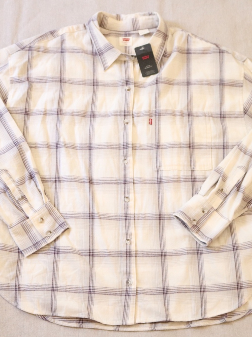Levi's Men's XXL NWT Relaxed Fit Plaid Flannel Button-Up Shirt Cream 100% Cotton